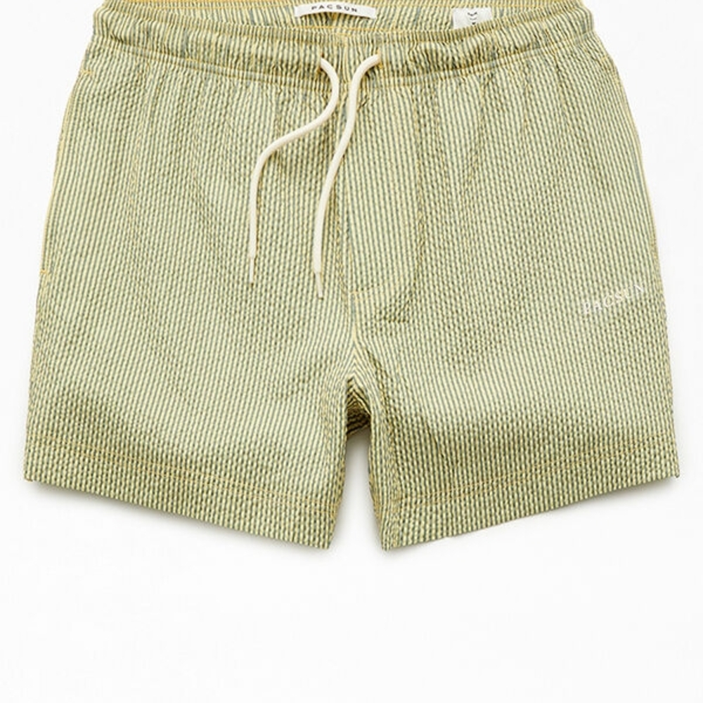 PacSun Green Striped Seersucker 4.5" Swim Trunks